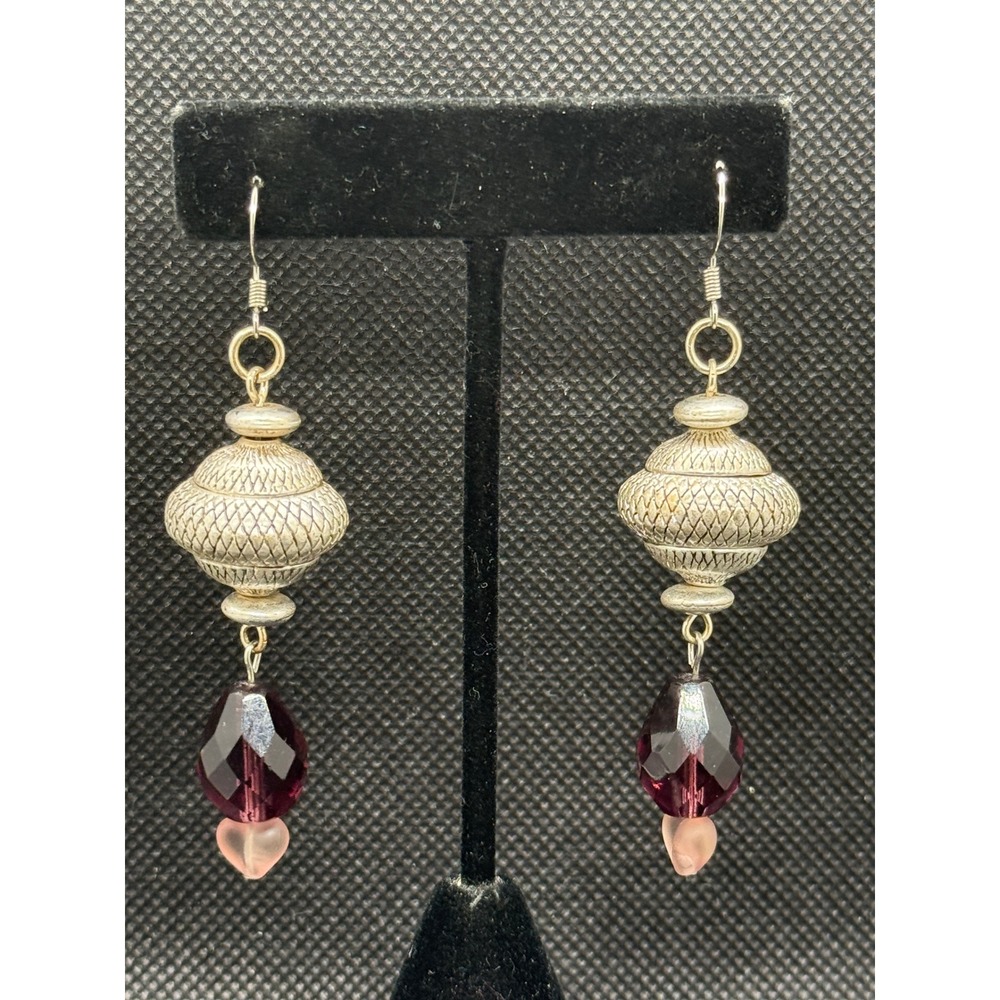 Boho Silver Tone Textured Metal Amethyst & Pink Heart Czech Glass Drop Earrings